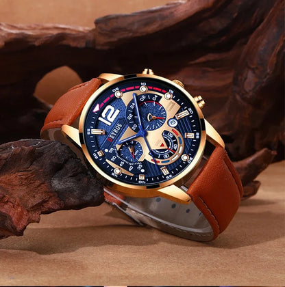 2PCS Set Luxury Brown Mens Quartz Watches Fashion Male Business Casual Wristwatch with Bracelet