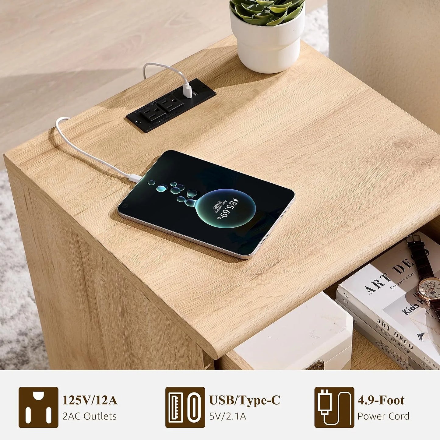 18Inch Modern Natural Oak Nightstand With Arched Panel Charging Station & Drawer Bedroom Bedside Side End Table, Customized