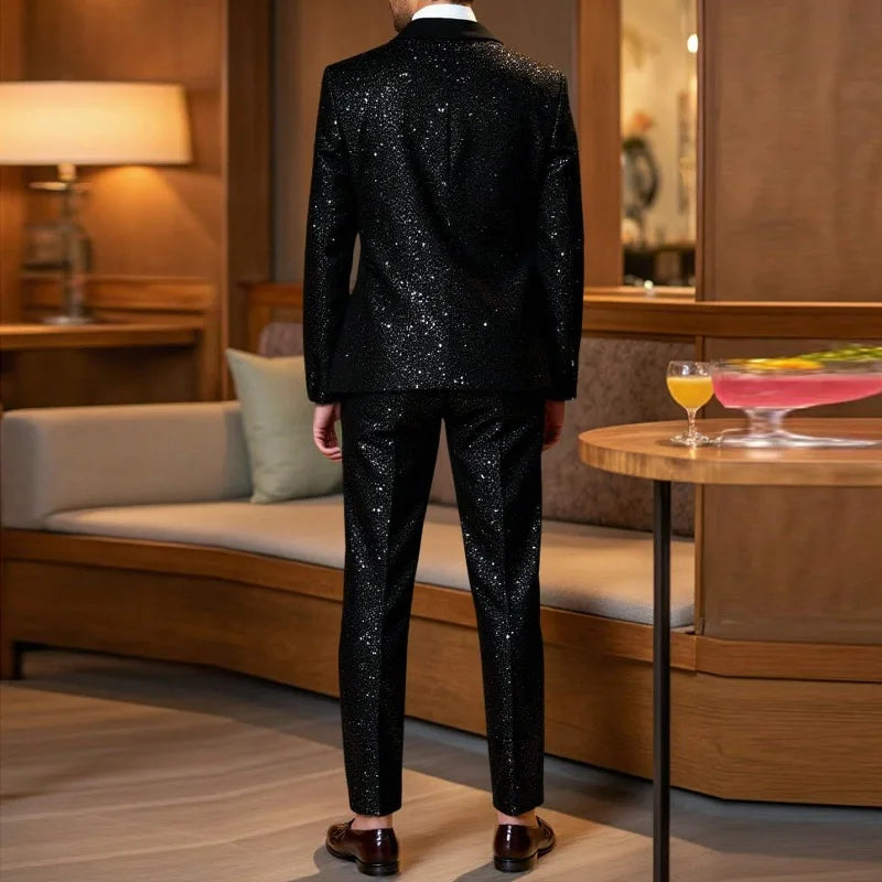 KIDWHXR Man Suit Outfit Patchwork Turn Down Collar Blazer Male Straight-leg Pant Men Slim Sequins Wedding Stage 2-piece Set