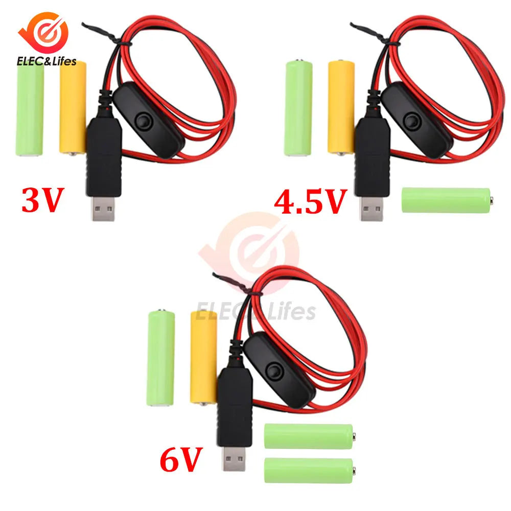 Universal 3/4.5/6V AA LR6 Battery 3V AAA Battery Eliminator USB Power Supply Cable With Switch for Electric Toys LED Lights