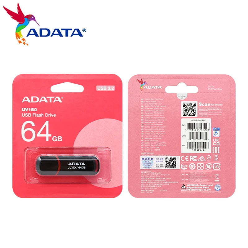 Original ADATA USB 3.2 Flash Drive UV150 32GB 64GB Pendrive Red Black Memory Stick High Quality U Disk for PC Smart TV