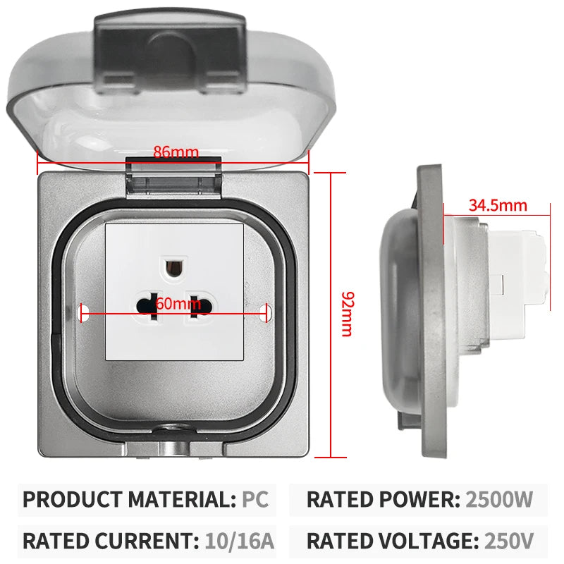 IP65 Waterproof Outdoor Socket, 16A High Power Wall Plate, 250V US/Thai Style 10A Receptacle, Bathroom & Weatherproof Electrical