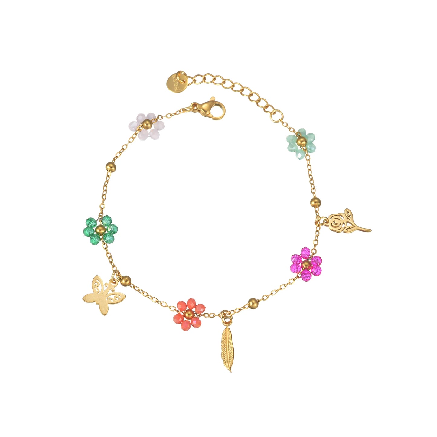 Freeteeme Fashion Colorful Flower Bracelet for Women Girls Stainless Steel Jewelry Gold Color Beads Chain Valentine's Day Gift