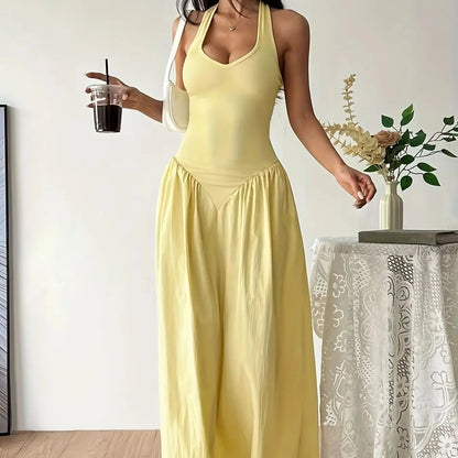 2026Women Yellow Halter Neck Maxi Dress Sleeveless V-Neck Backless A-Line Long Dress Casual Summer Elegant Beach Party Dresses