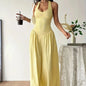 2026Women Yellow Halter Neck Maxi Dress Sleeveless V-Neck Backless A-Line Long Dress Casual Summer Elegant Beach Party Dresses