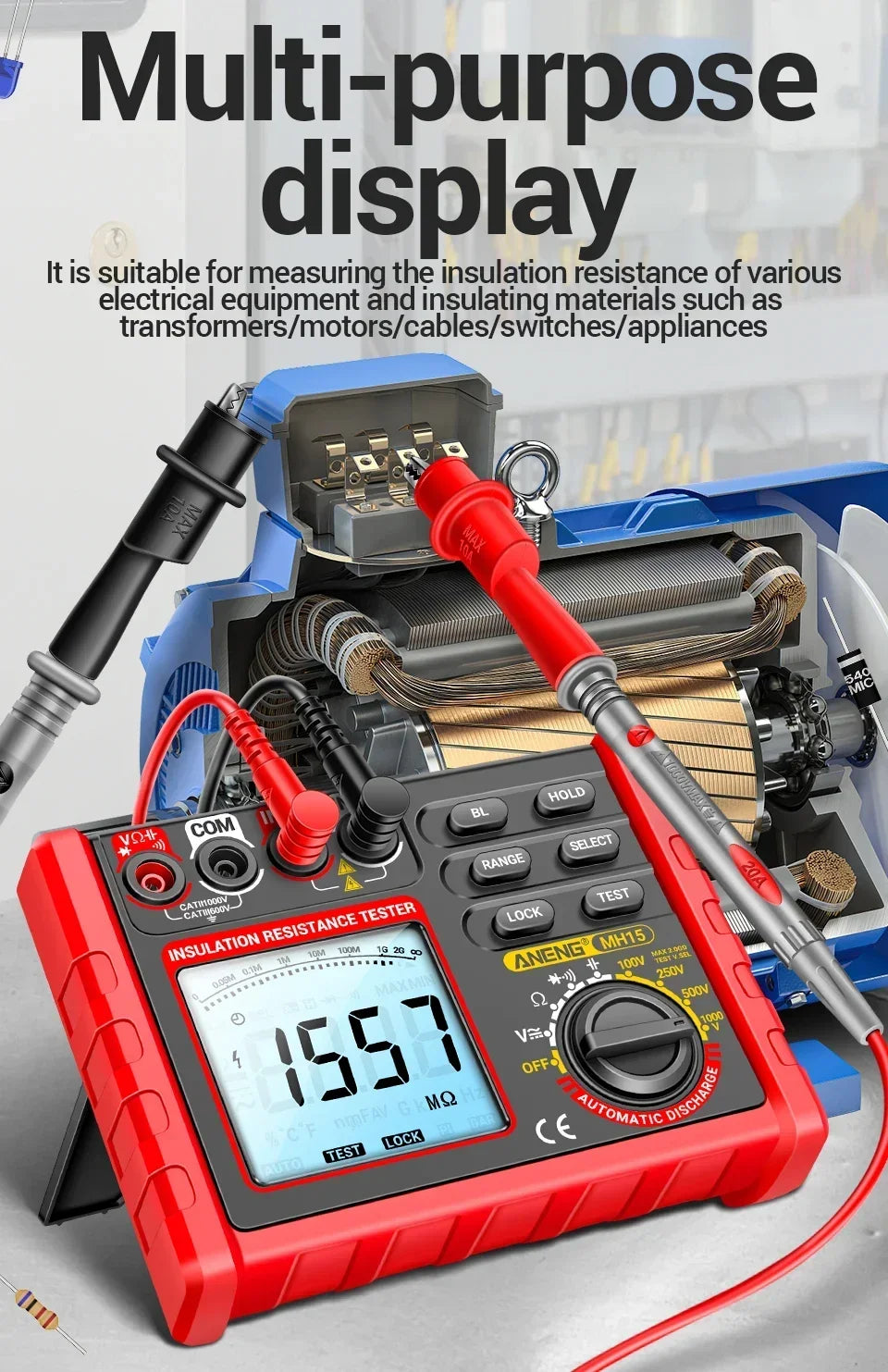 ANENG MH15 Digital Megohmmeter 1000V High Voltage Insulation Test 2000MΩ High Resistance Measurement Electrical Testing Artifact