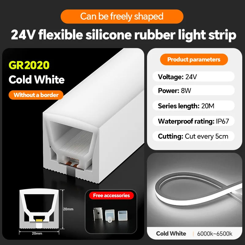 LED flexible silicone light strip embedded 24V waterproof tubing linear lamp concealed installation flexible soft light strip