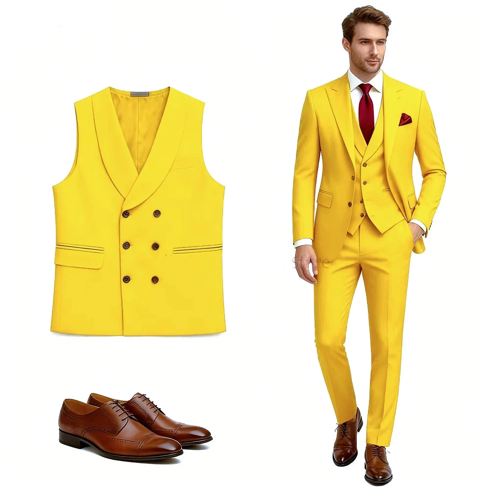 High Quality 3 Piece Yellow Men Suits Peak Lapel Slim Fit Men Clothing Elegant Wedding Jacket Vest Pants Sets for Business Party