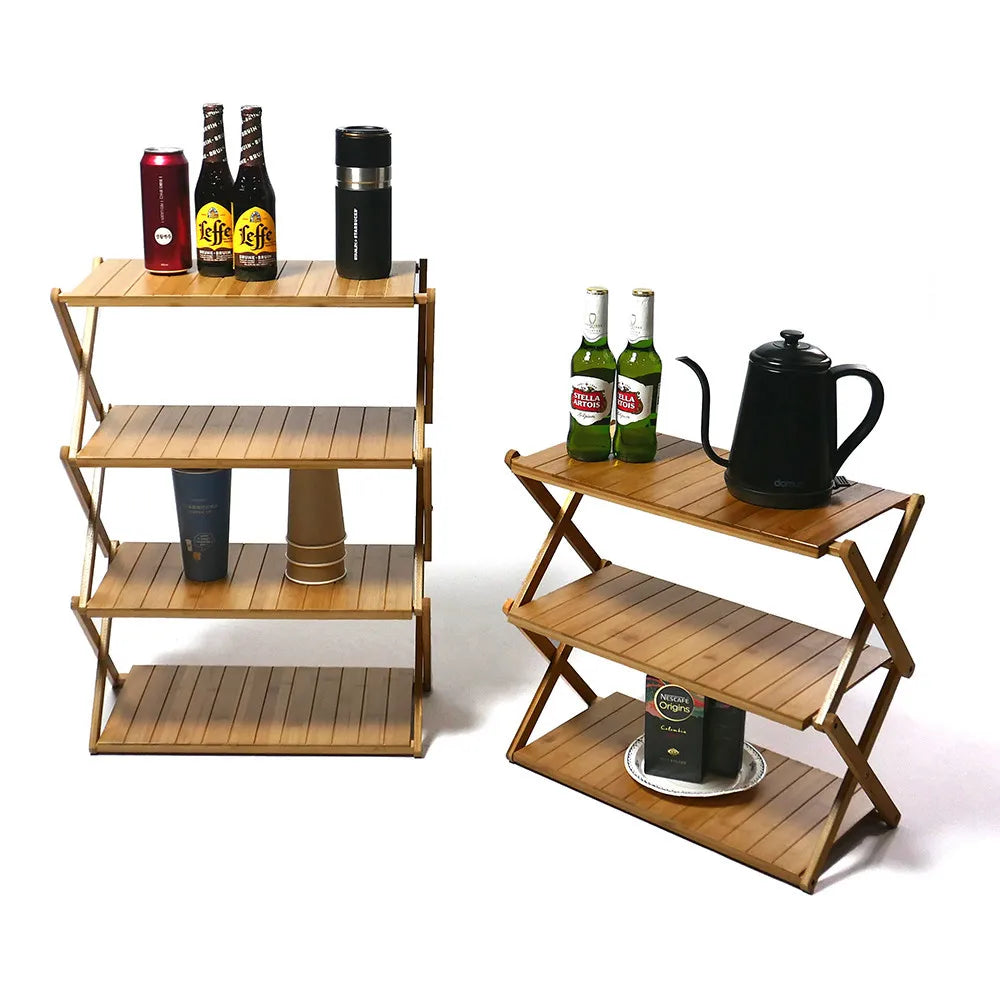Wood Bamboo Outdoor Multifunctional Shelf Camping Foldable Portable Table Picnic Home Multi-scene Use 3-4 Layer Storage Rack