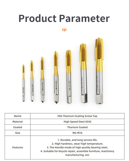 HSS Titanium Coating Screw Tap Drill Bit M2 M2.5 M3 M3.5 M4 M5 M6 M8 M10 M12 Metric Straight Flute Thread Tap Hand Tools