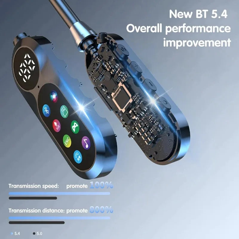 HD Screen Earphones Bluetooth 5.4 Headphones Neckband Headsets TWS Wireless Earbuds HiFi Stereo Voice Assistant Support TF Play
