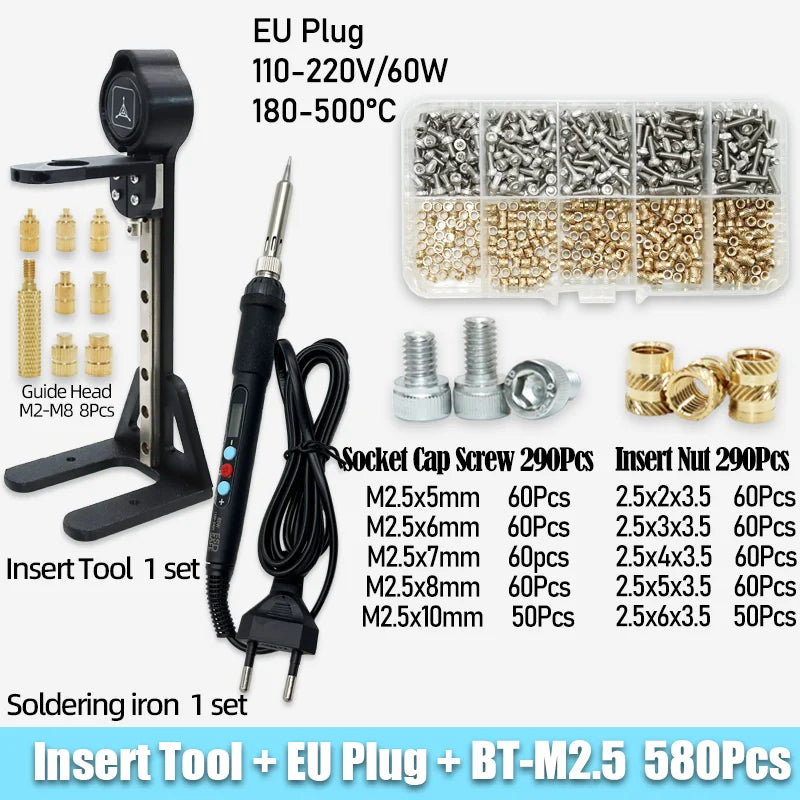 Heat Set Insert Nut Press Tool Brass Soldering Iron Tip Thread Injection Embedded Nuts and Stainless Steel Hex Socket Screw Kit