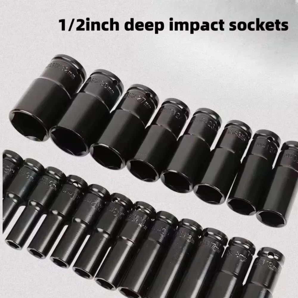 Heavy Duty 10 Pcs 1 2 Inch Drive Metric Deep Impact Socket Set Universal Durable for Pneumatic Air Repair Tools