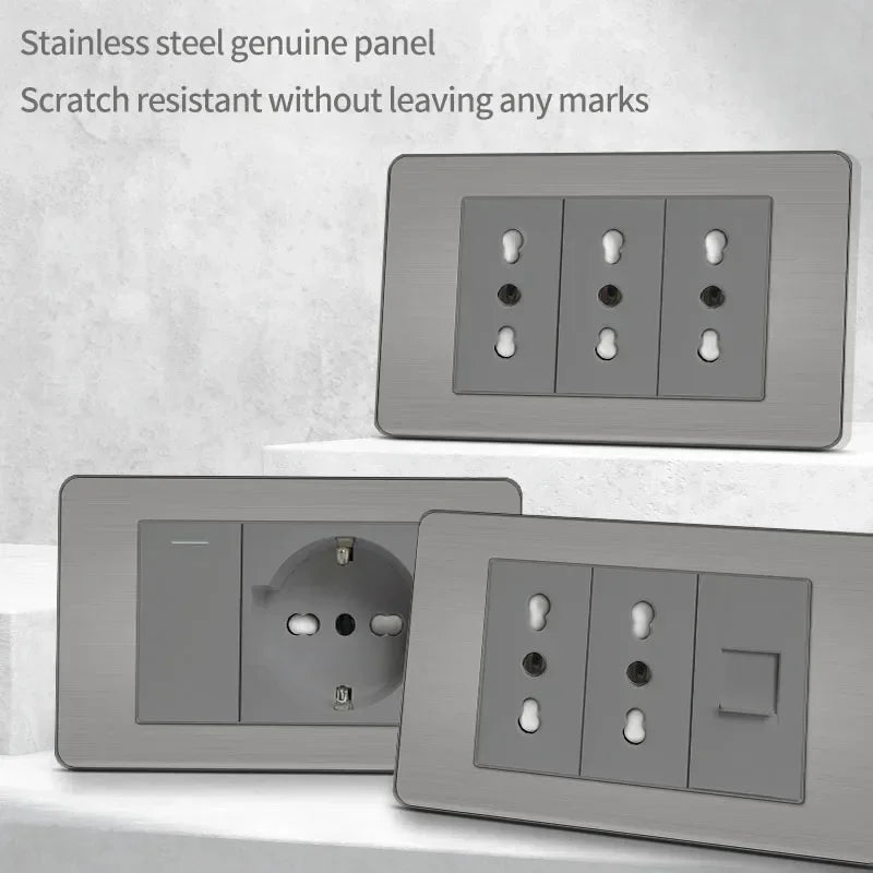 118 US Mexico Grey Stainless Steel Brushed 2way Electrical Light Switch Home Wall Socket Plug Double USB Type-C Power Outlet