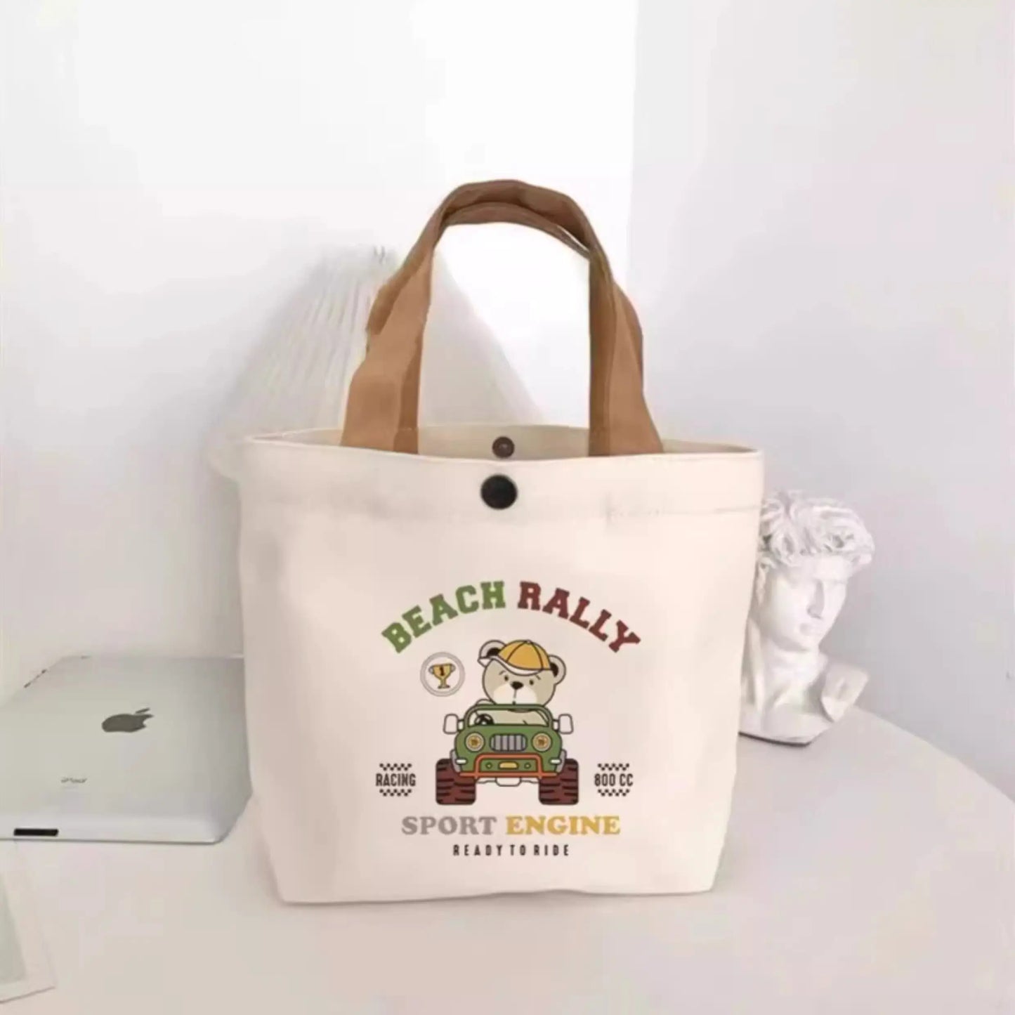 Little Bear Canvas Bag, Female Printed Versatile, Student Portable, Office Handbag, Bento Bag, Handbag, Sail Bag
