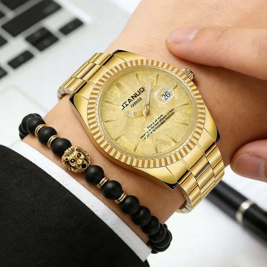 Luxury men's steel band watch calendar embossed atmosphere trend gold business quartz watch 2-piece set lion bracelet watch