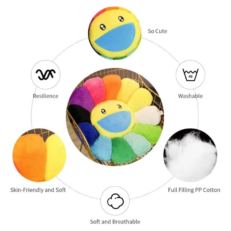 Aesthetic Sunflower Plush Cushion Cute Flower Stuffed Pillow Rainbow Floral Decorative Pillow Office Chair Back Cushion Decor