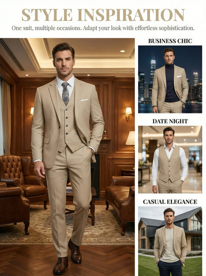 Men's Smart Casual 3-Piece Suit Single Breasted Solid Slim Fit Elegant Office Party Wedding Set
