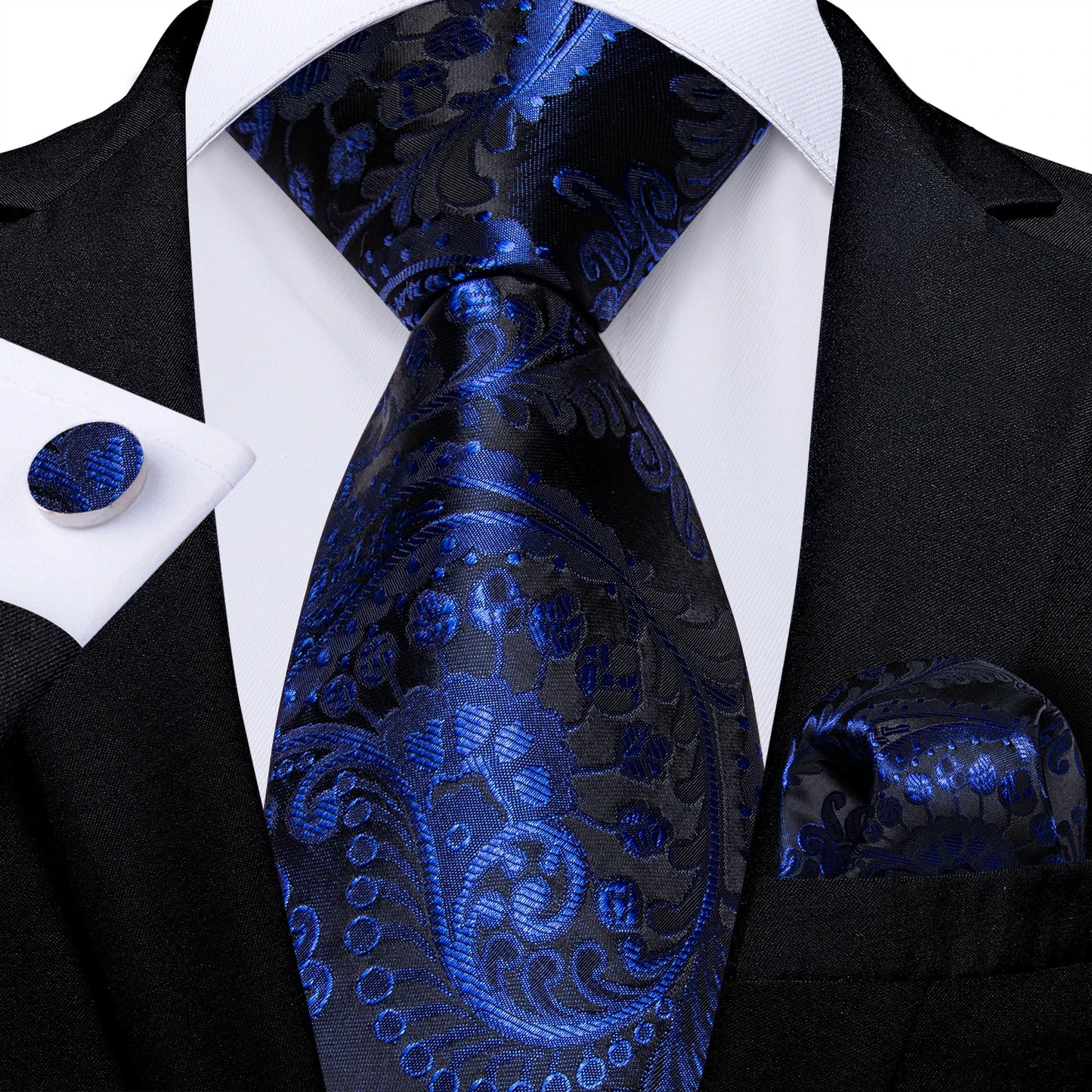 Black And Silver Paisley Floral Men's Ties Gray Blue Pink Wedding Accessories Neck Tie Set Handkerchief Cufflinks Gift For Men