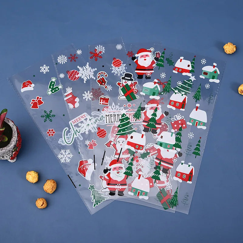50/100pcs Christmas candy drawstring bag opp cellophane cookies nuts plastic bags New Year gift wrapping bags free gift ties
