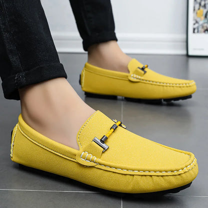 Men Yellow Suede Loafers Horse Bit Buckle Slip on Driving Shoes Casual Business Moccasins Breathable Loafers for Men