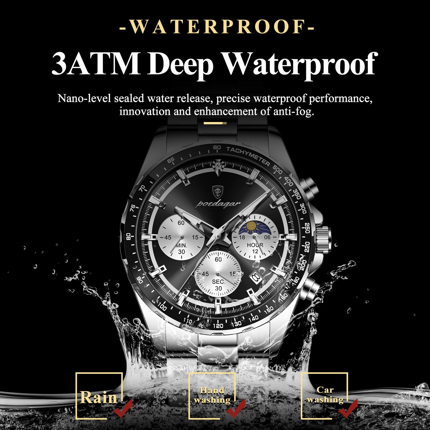 POEDAGAR Top Original Man Wristwatch Waterproof Stainless Steel Luminous Men Clock Chronograph Date Quartz Sports Men's Watches