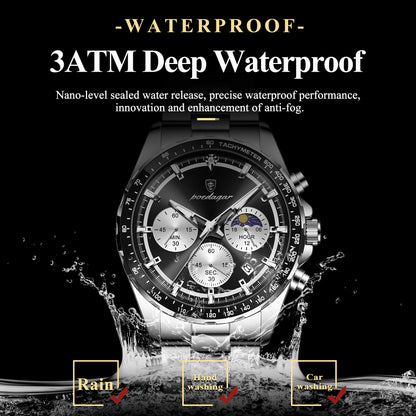POEDAGAR Top Original Man Wristwatch Waterproof Stainless Steel Luminous Men Clock Chronograph Date Quartz Sports Men's Watches