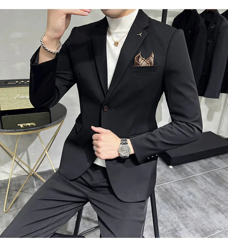 High quality Korean slim fit (suit + trousers) Fashion business handsome casual solid color wedding suit two-piece set