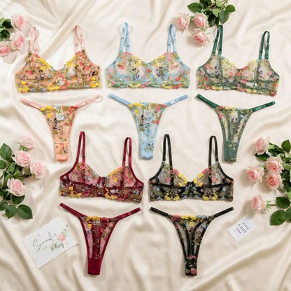 2-Piece Floral Lingerie Set Sheer Embroidery Underwear Intimates Underwire Push-up Versatile Bra Panty Set For Lady Girl