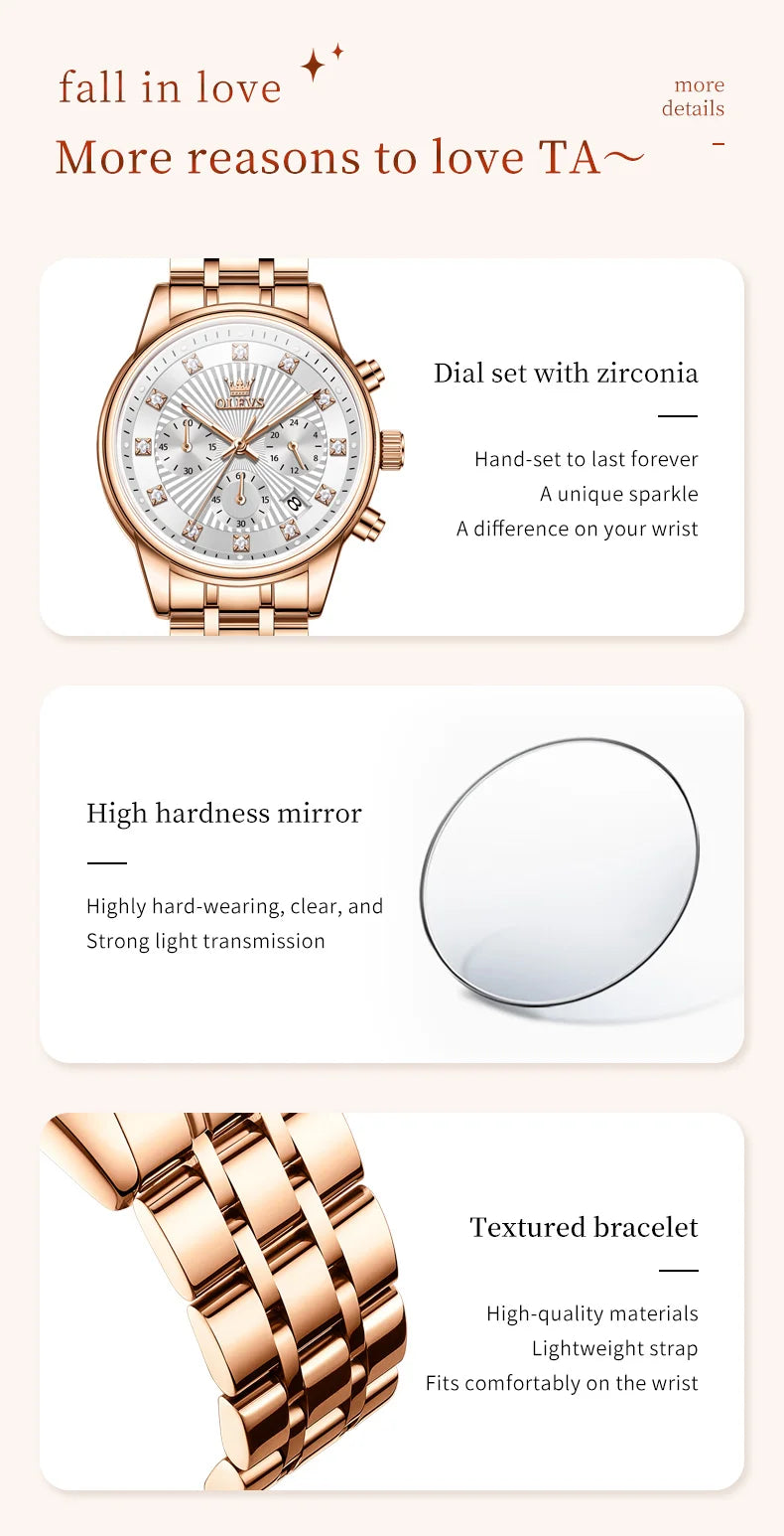 OLEVS 3669 Original Chronograph Quartz Wristwatch for Lady Calendar Waterproof Steel Strap Elegant Dress Women's Watches