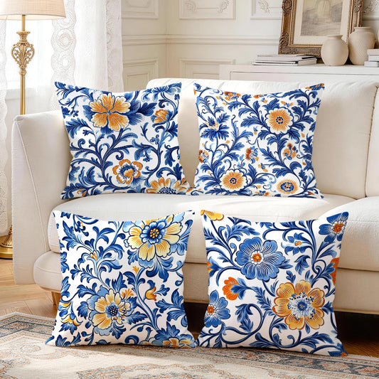 1pcs/4pcs Blue Flower Cushions Pillowcase Polyester Cushion Cover Throw Pillow Pillowcover Home Car Sofa Decor
