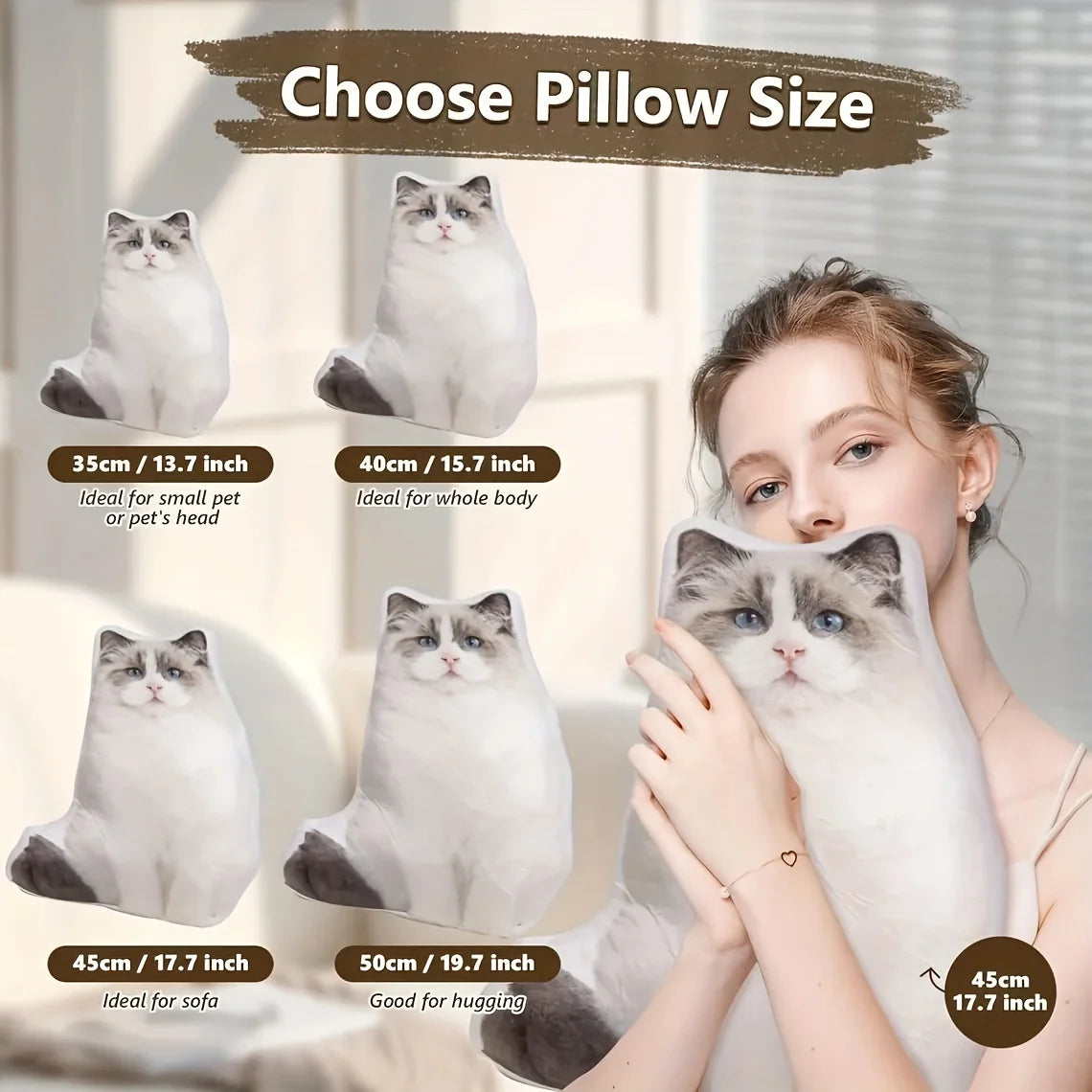 Customized Pet Photo Plush Pillow with Double-Sided Design, Featuring Soft and Cute Animal Pattern with Facial Image for Birthda
