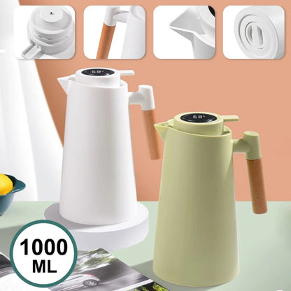 1Pc 1000ML Thermos Bottle Nordic Thermos For Hot Water Intelligent Water Heater Kettle Jug Bottle Vacuum Flask Wooden Handle
