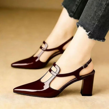 Women Pumps Pointed Toe Block High Heels Slingback Mary Janes Cutout Ankle Strap Elegant Office Career Dress Shoes