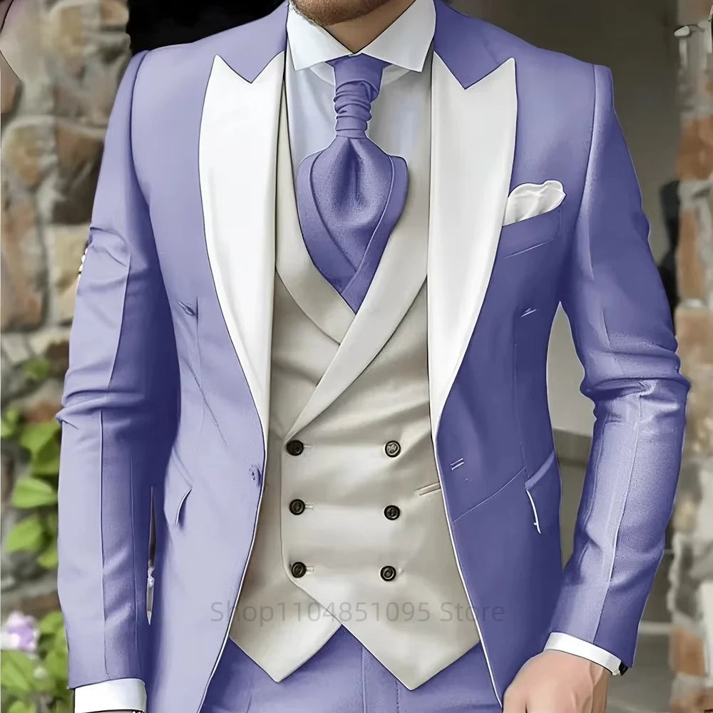 Pink Men's Elegant Peak Lapel Tuxedo 3-Piece Suit with Blazer Vest And Pants Set for Formal Business Prom Grooming