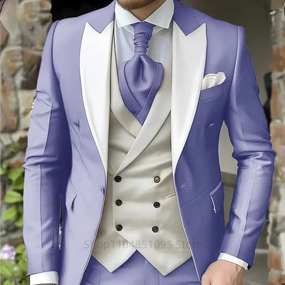 Pink Men's Elegant Peak Lapel Tuxedo 3-Piece Suit with Blazer Vest And Pants Set for Formal Business Prom Grooming