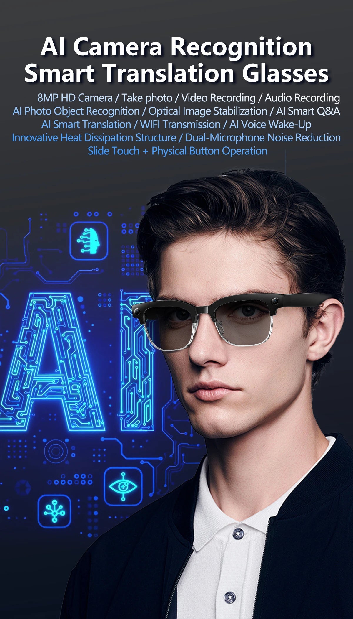 W630 800W HD Smart Glasses for Men And Women AI Intelligent Translation WiFi Transmission Photo & Video Recording Glasses