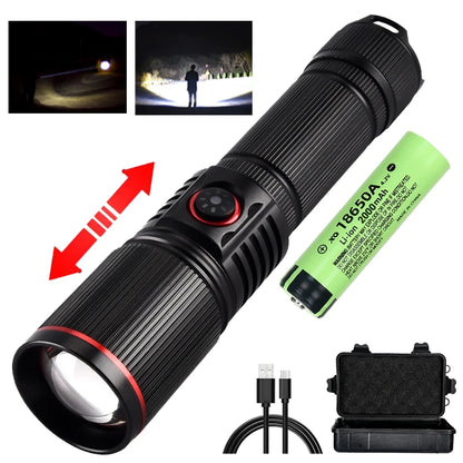 Aluminum Alloy White Laser Powerful LEP Flashlight 18650 or 21700 Battery Zoom Torch Light Lamp with Tail Rope Power Indicator