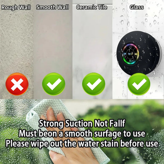 LED Portable Wireless Bluetooth Speaker, IPX4 Waterproof with Large Suction Cup, Mini Loudspeaker for Bathroom, Outdoor & Travel