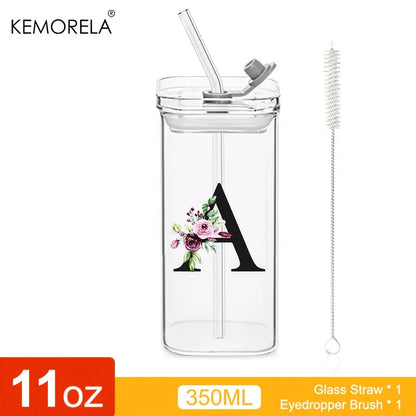 1PCS 24 Letter-Shaped Glass Tumblers with Lid And Straw Coffee Tumbler 300ML Clear Square Drinking Tumbler For Coffee Beer Milk