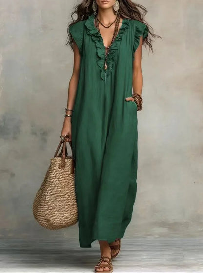 2026 Summer Women Boho Cotton Linen Maxi Dress Solid Color Ruffle V Neck Sleeveless Loose Long Dresses With Pockets Casual Beach