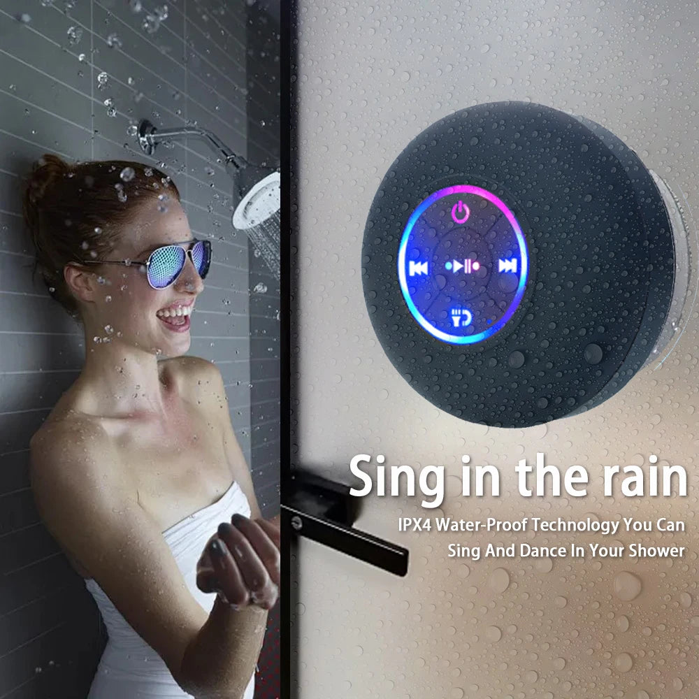 LED Portable Wireless Bluetooth Speaker, IPX4 Waterproof with Large Suction Cup, Mini Loudspeaker for Bathroom, Outdoor & Travel