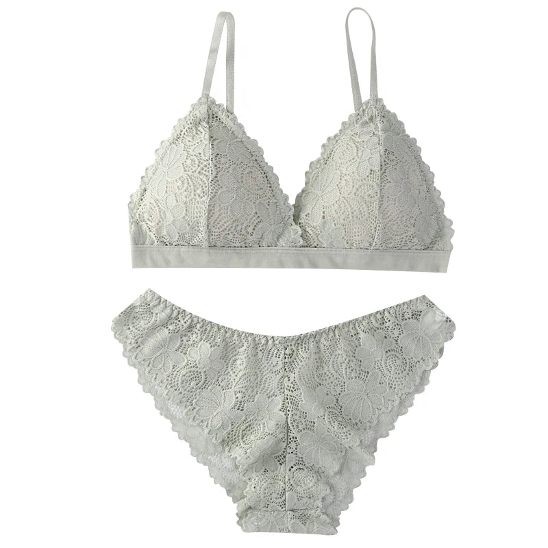 Women Lace Bra And Panties Set V-neck Push Up Bralette Sexy Lingerie Low Waist Briefs Female Non-wire Brassiere Underwear Set