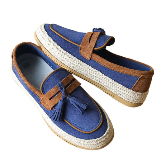 Men Slip On Tassel Loafers, Spliced Fabric Espadrille Shoes Woven Hemp Thick Flat Sole For Daily Driving Street Casual Wear