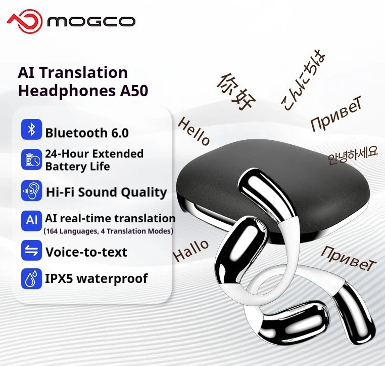 A50 AI Real Time Translation Earbuds 164 Languages Bluetooth 6.0 Wireless Smart Touch Control Clear Call Headphones