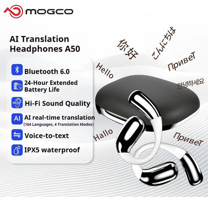 A50 AI Real Time Translation Earbuds 164 Languages Bluetooth 6.0 Wireless Smart Touch Control Clear Call Headphones