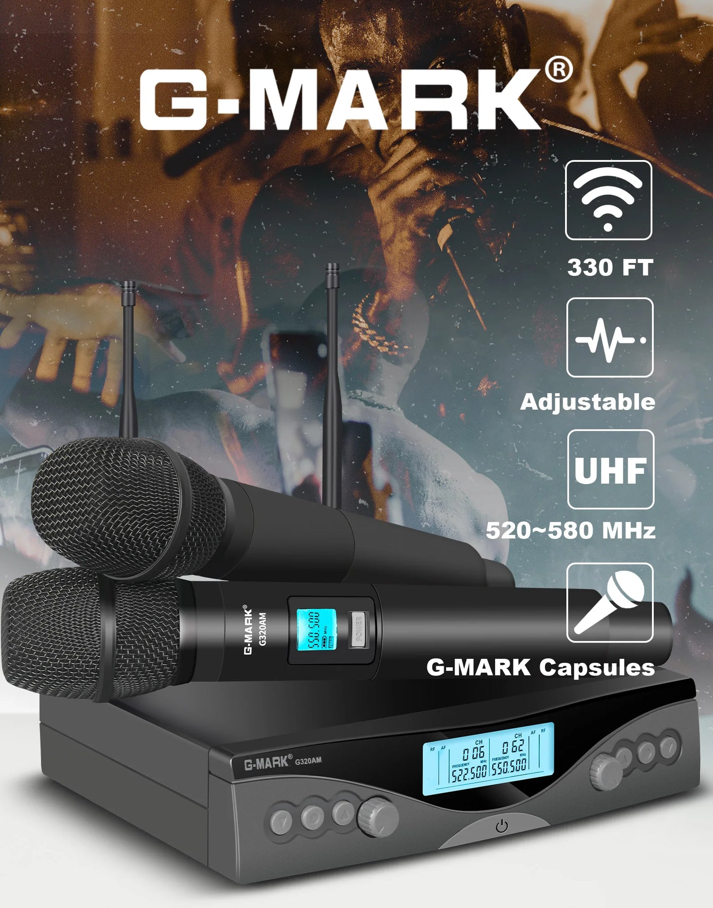 Wireless Microphone G-MARK G320AM Professional UHF 2 Channels Karaoke Mic Handheld Automatic Frequency Adjustable 100M