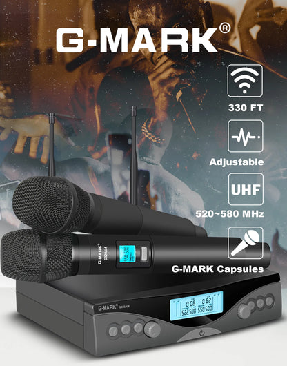 Wireless Microphone G-MARK G320AM Professional UHF 2 Channels Karaoke Mic Handheld Automatic Frequency Adjustable 100M