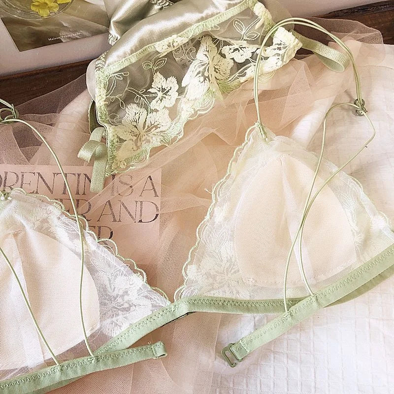 French Lace Bralette Small Bust Women Wireless Ultra Thin Sexy Embroidery Mesh No Underwire Push Up Comfort Bra Set BANERDANNI