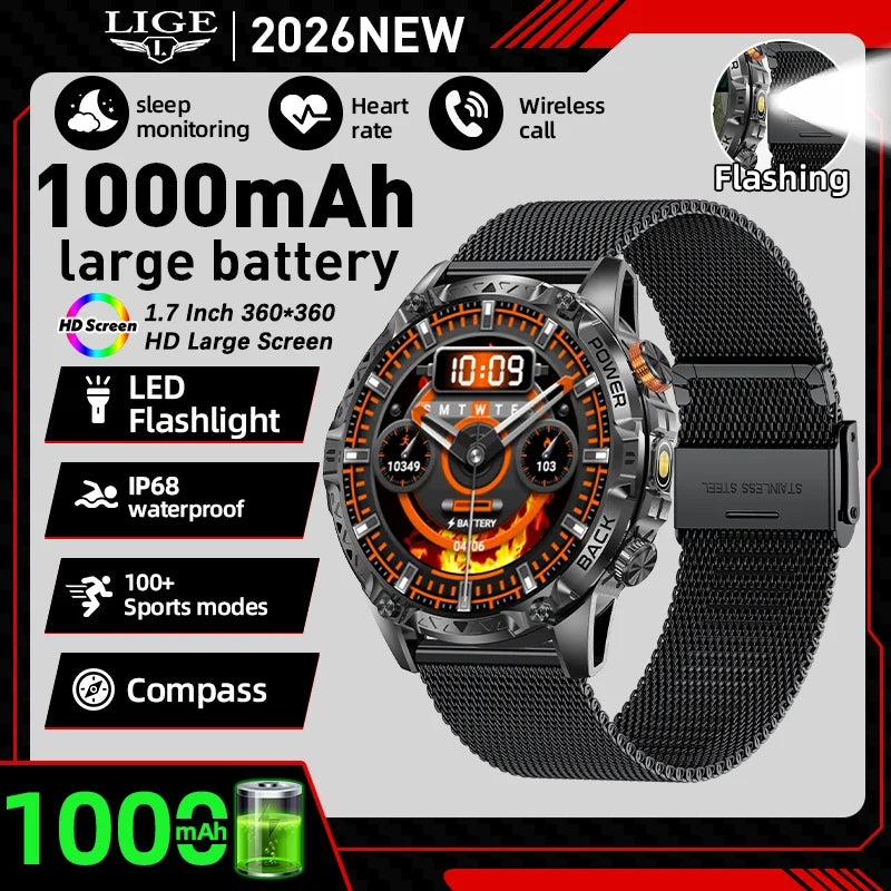 LIGE Nowy wojskowy do T-Rex 3 Ultra Smart Watch Bateria 1000 mAh Wodoodporny IP68 Kompas Latarka Sportowy monitor Smartwatch Mężczyźni